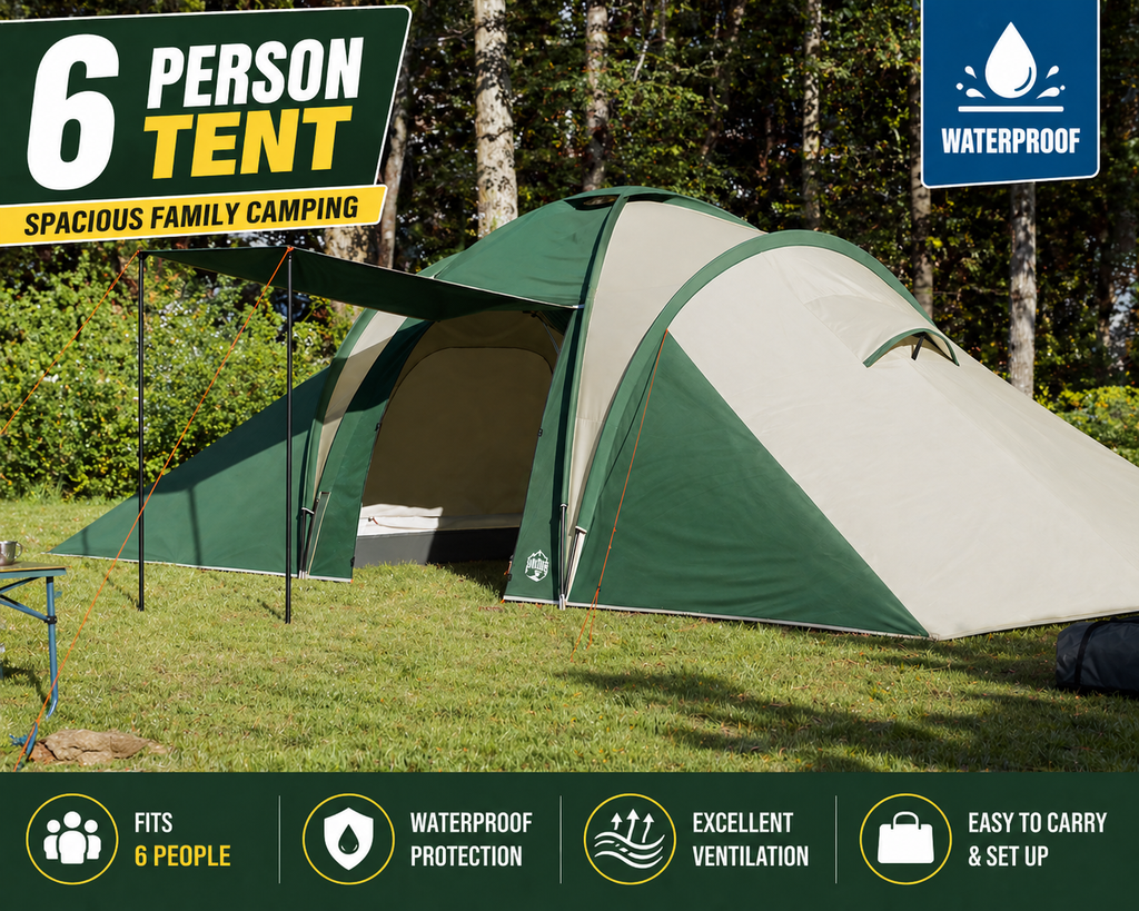 6 Person Family Tent Waterproof Camping Tent Large Dome Shelter Green Porch Canopy