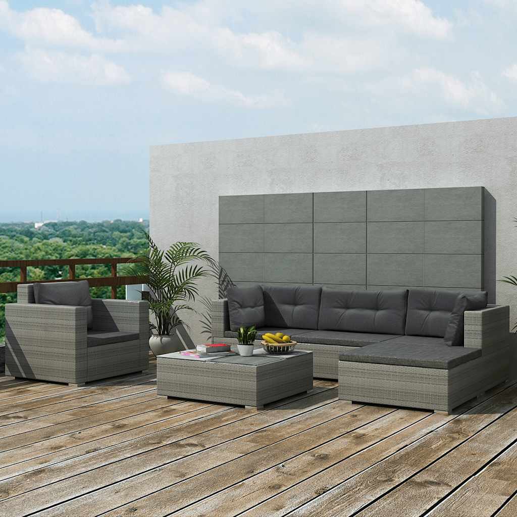 Outdoor Furniture Set 6 Piece Garden Lounge Cushions Poly Rattan grey black 69.5
