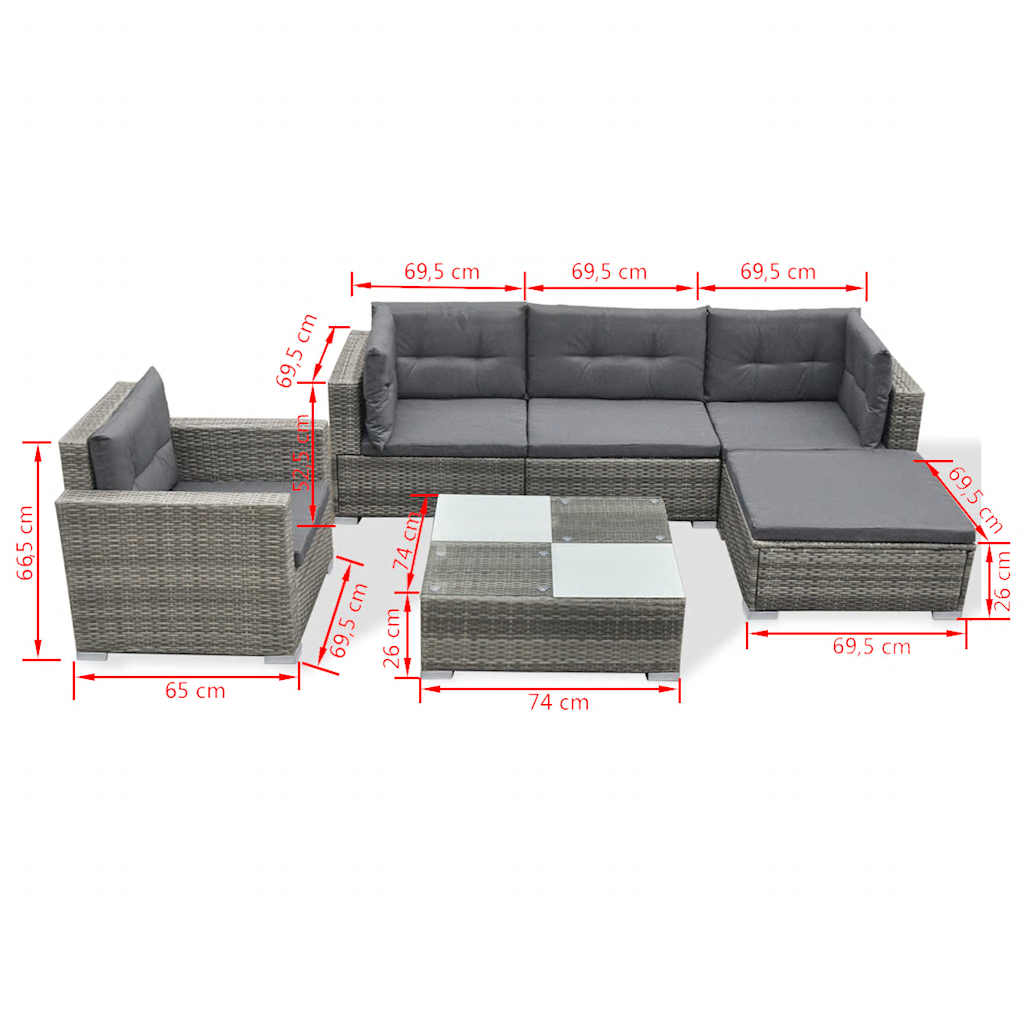 Outdoor Furniture Set 6 Piece Garden Lounge Cushions Poly Rattan grey black 69.5