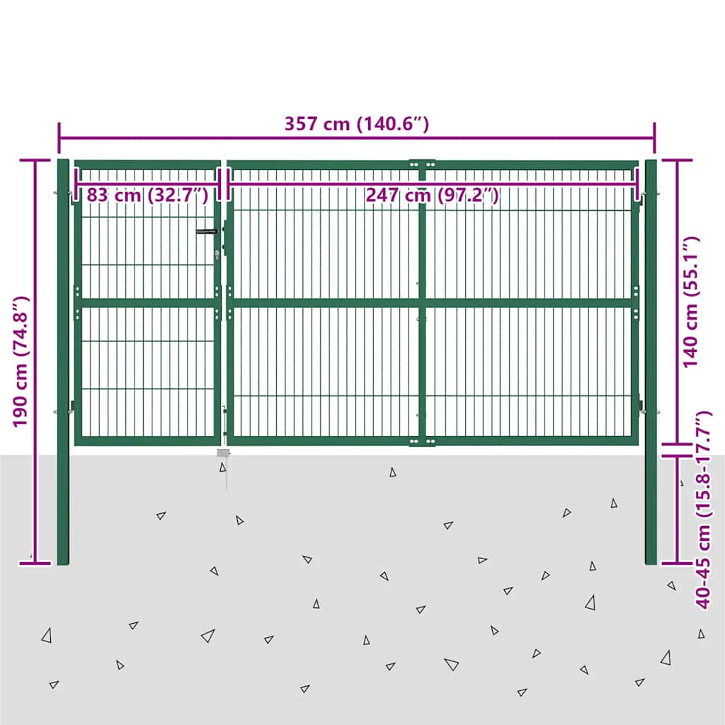 Garden Gate Green Steel Mesh 350cm Wide Lockable Fence Keys anthracite 6 cm