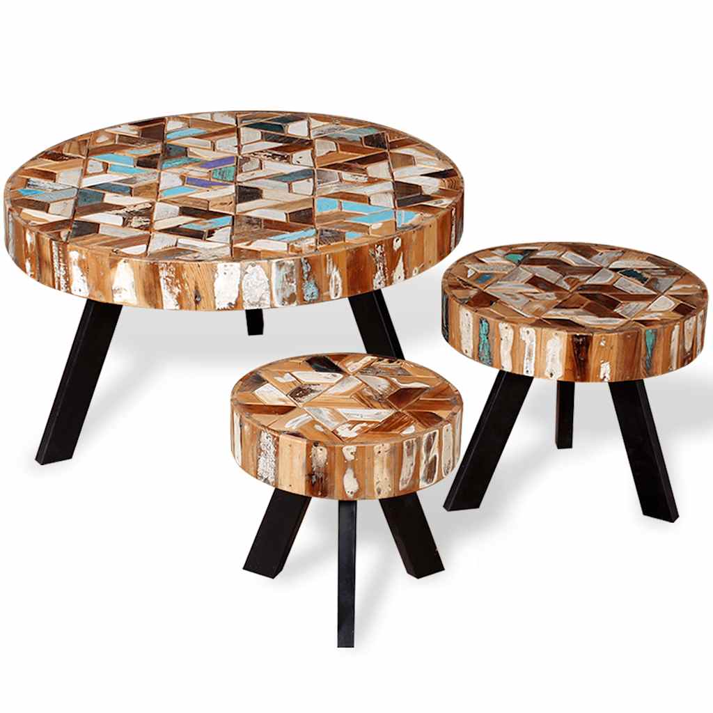 Coffee Table Three Piece Set Solid Reclaimed Wood Multicolour LED