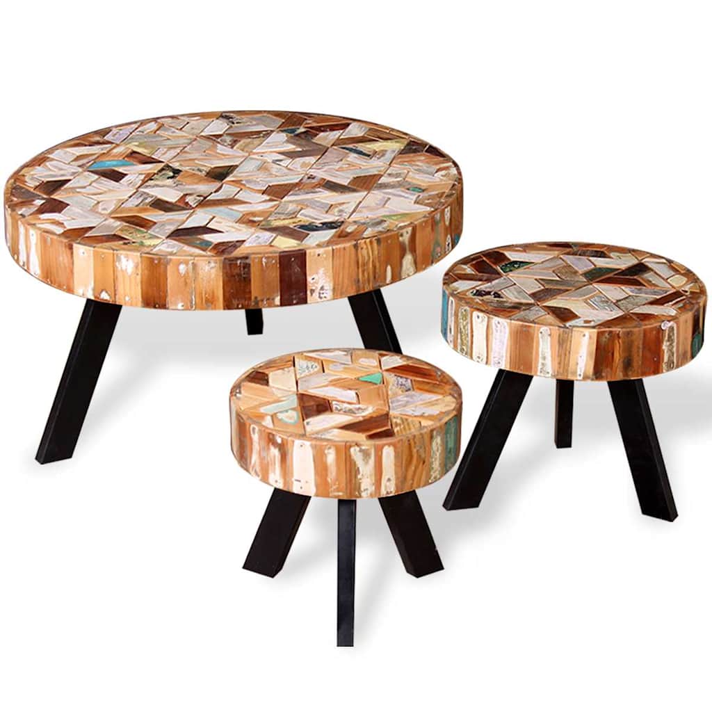 Coffee Table Three Piece Set Solid Reclaimed Wood Multicolour LED