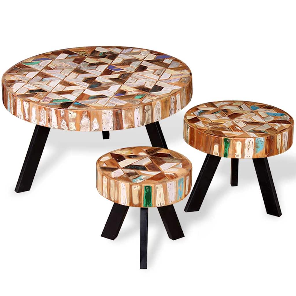 Coffee Table Three Piece Set Solid Reclaimed Wood Multicolour LED
