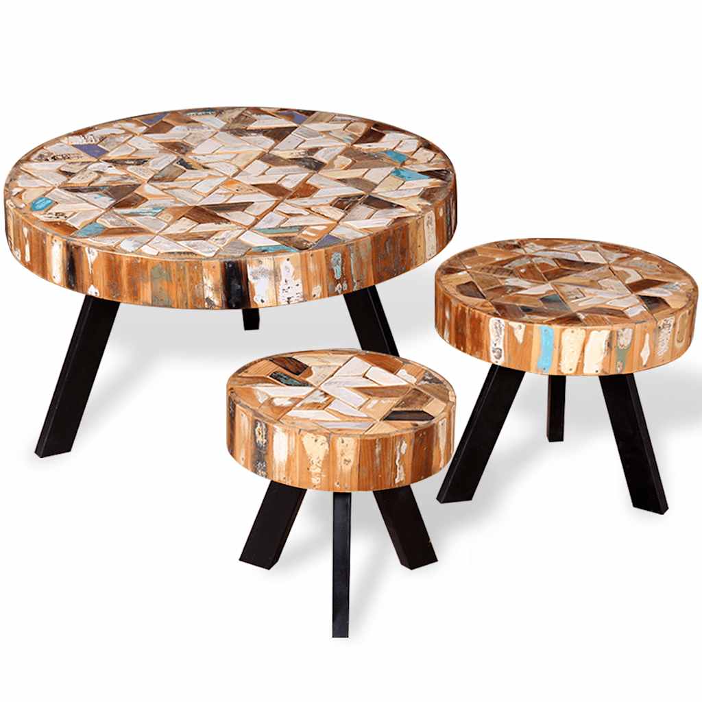Coffee Table Three Piece Set Solid Reclaimed Wood Multicolour LED