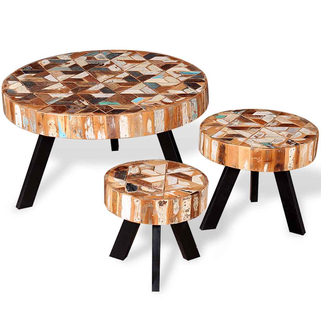 Coffee Table Three Piece Set Solid Reclaimed Wood Multicolour LED