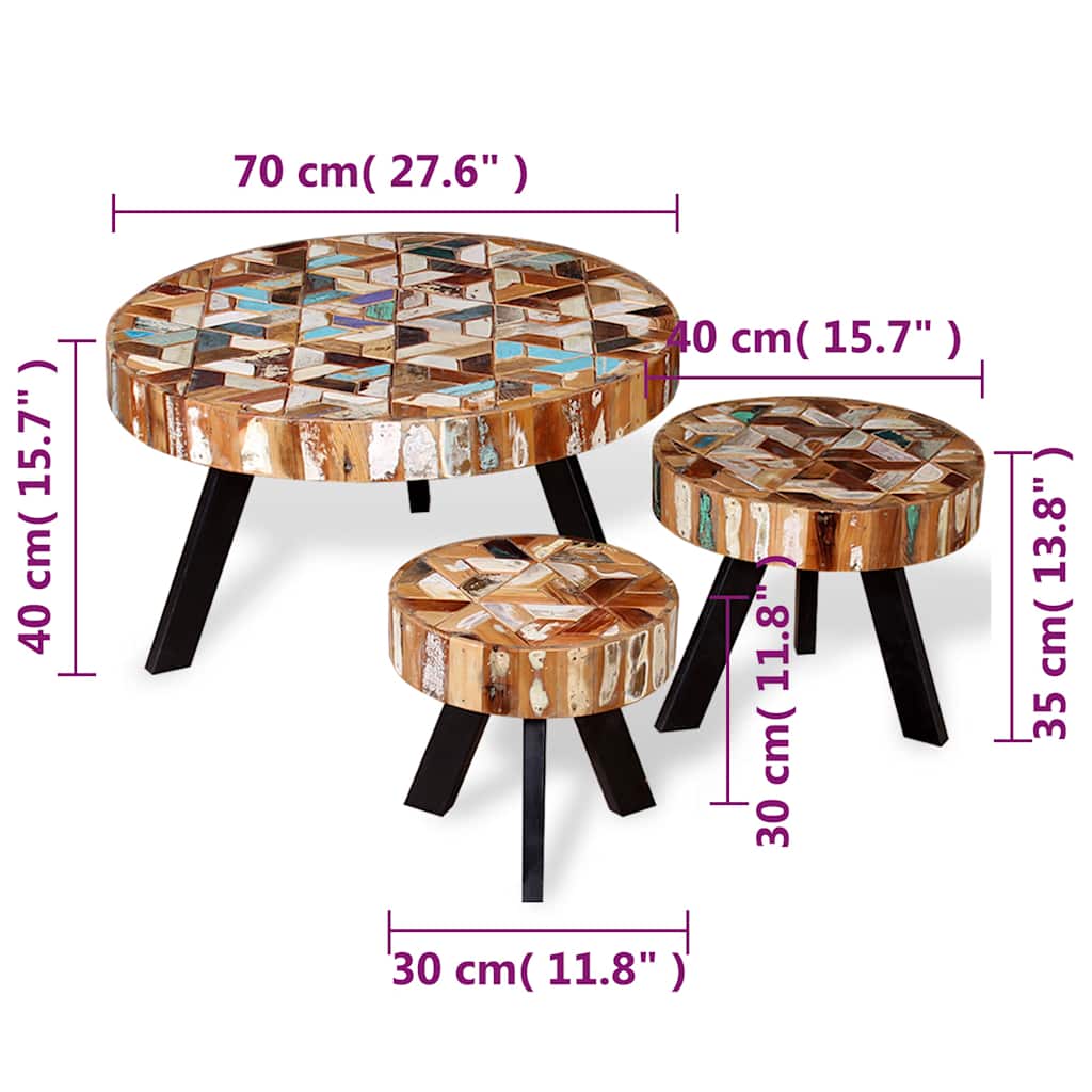 Coffee Table Three Piece Set Solid Reclaimed Wood Multicolour LED