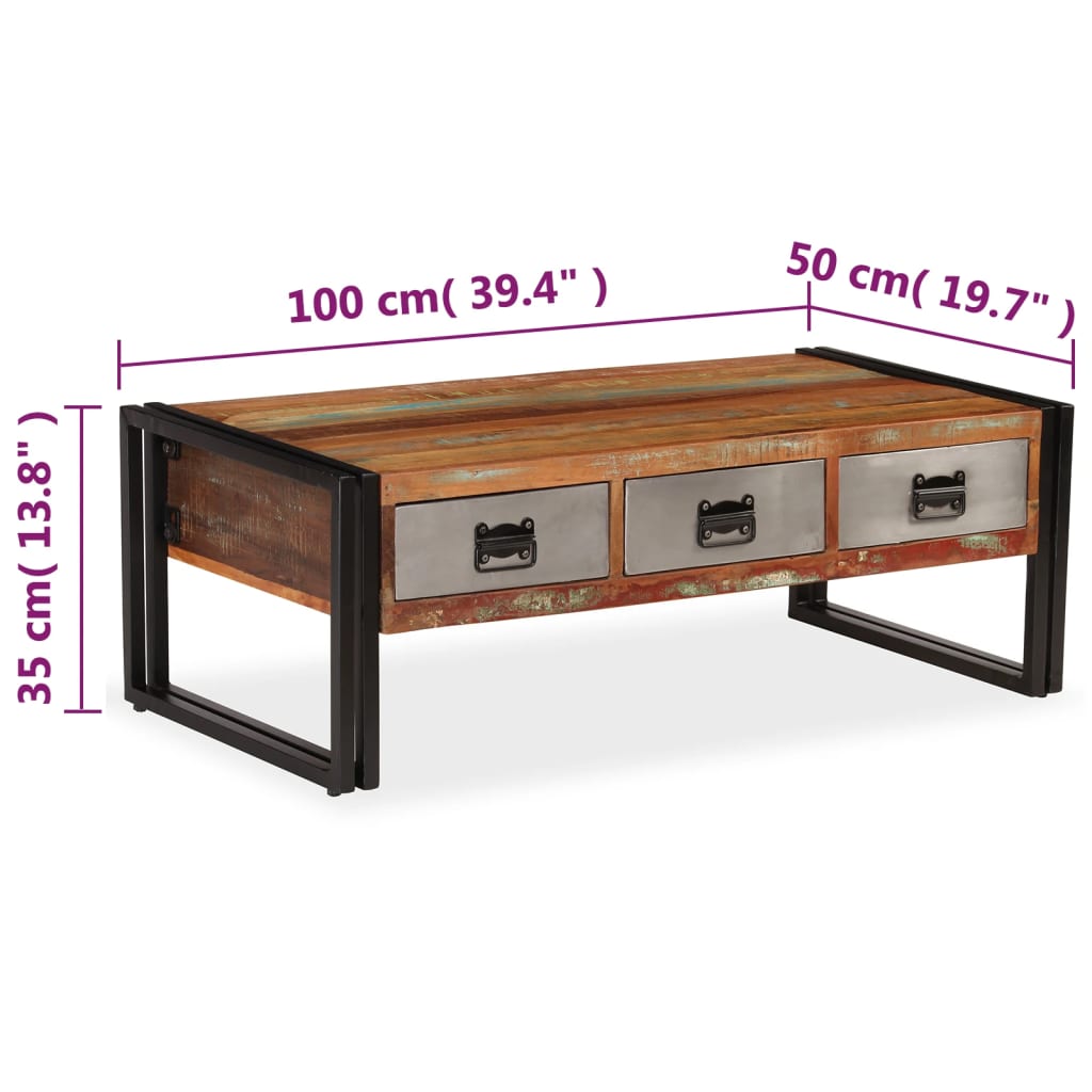 Coffee Table 3 Drawers Solid Reclaimed Wood 100X50X35 Cm 100 cm