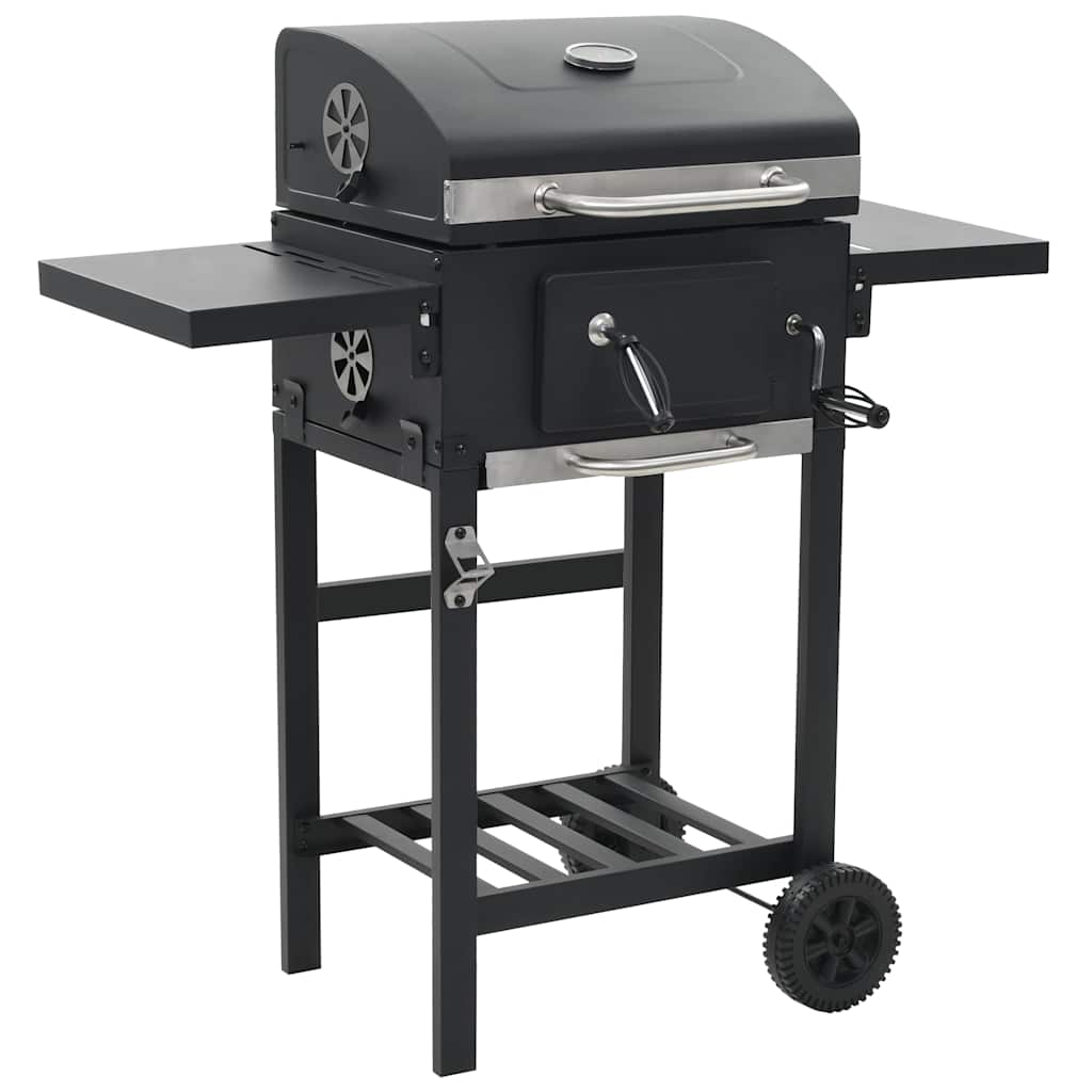 Outdoor Grills Charcoal BBQ Grill Smoker Trolley Barbecue Thermometer Side Shelv