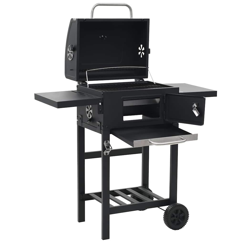 Outdoor Grills Charcoal BBQ Grill Smoker Trolley Barbecue Thermometer Side Shelv