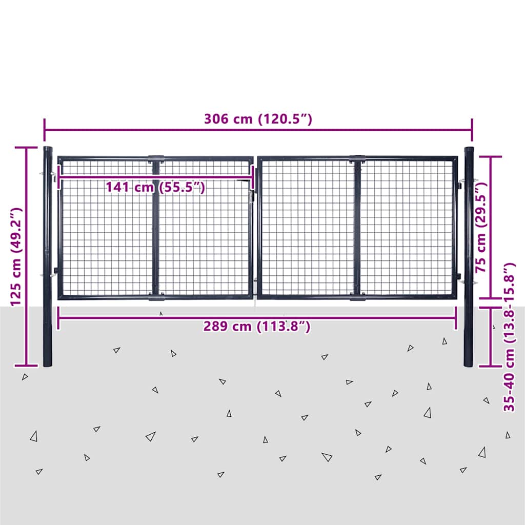 Garden Gate Anthracite Double 306x150cm Galvanised Steel Fence Lockable 300 x 10