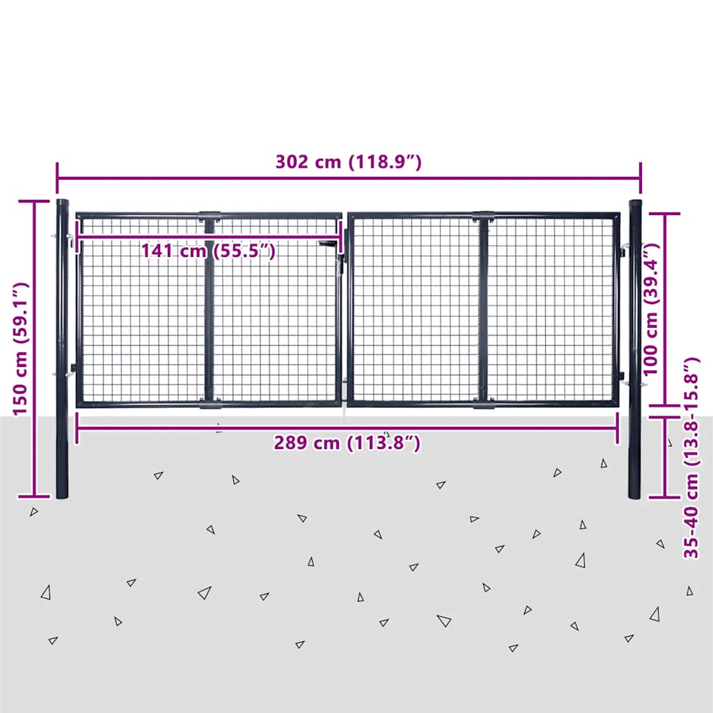 Garden Gate Anthracite Double 306x150cm Galvanised Steel Fence Lockable 300 x 10
