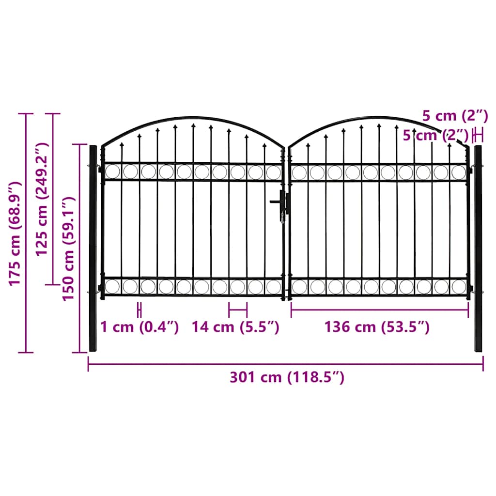 Garden Gate Black Double 300x125cm Steel Driveway Fence Lockable Grey LED 4 cm