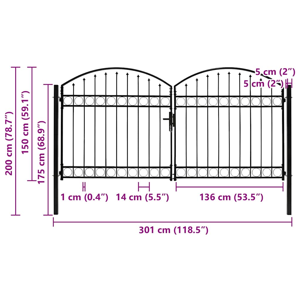 Garden Gate Black Double 300x125cm Steel Driveway Fence Lockable Grey LED 4 cm