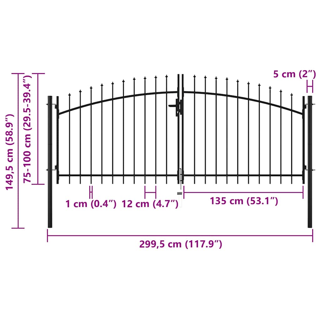 Garden Gate Black Double 300cm Steel Spear Top Driveway Fence Lockable Grey LED