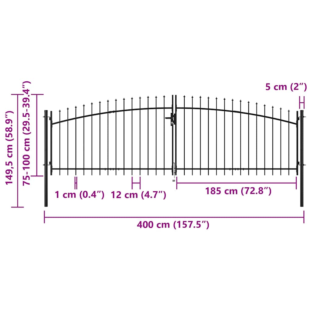 Garden Gate Black Double 300cm Steel Spear Top Driveway Fence Lockable Grey LED