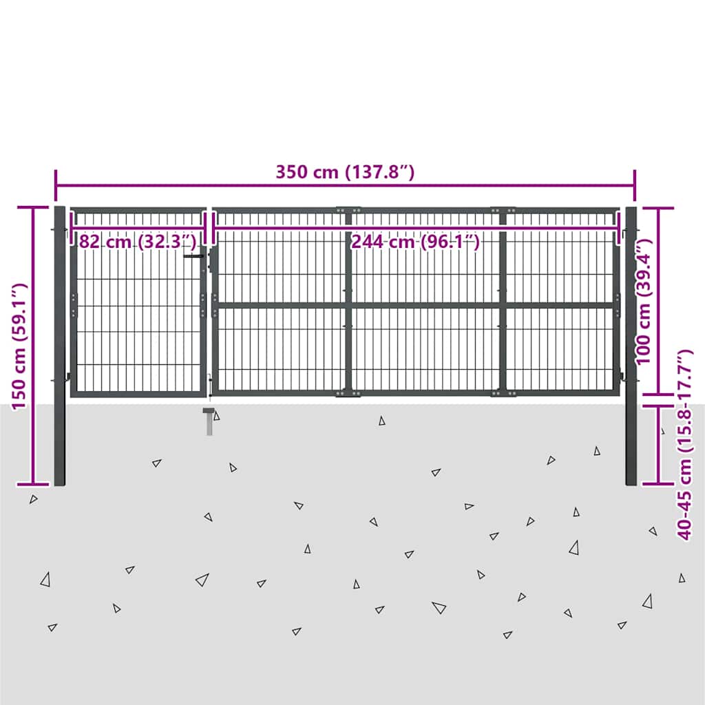 Garden Gate Green Steel Mesh 350cm Wide Lockable Fence Keys anthracite 6 cm