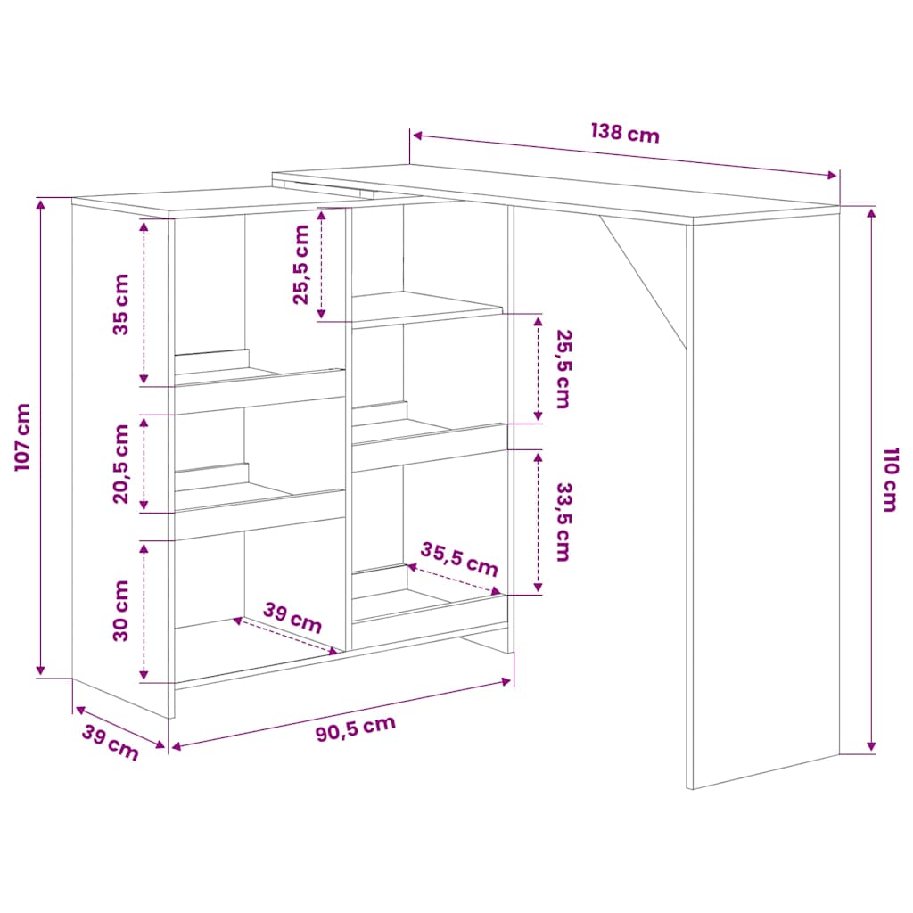 Dining Table Bar Moveable Shelf 138X39X110 Cm Black White Grey Oak 138 Cm White