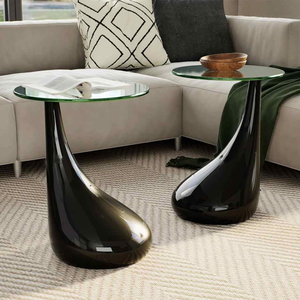 Coffee Table 2 Pcs With Round Glass Top High Gloss