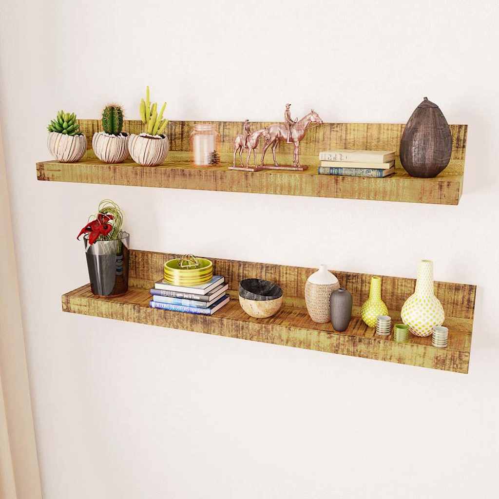 Wall Shelf Set of 2 Solid Wood Mounted Display Shelves Floating Storage 110 cm