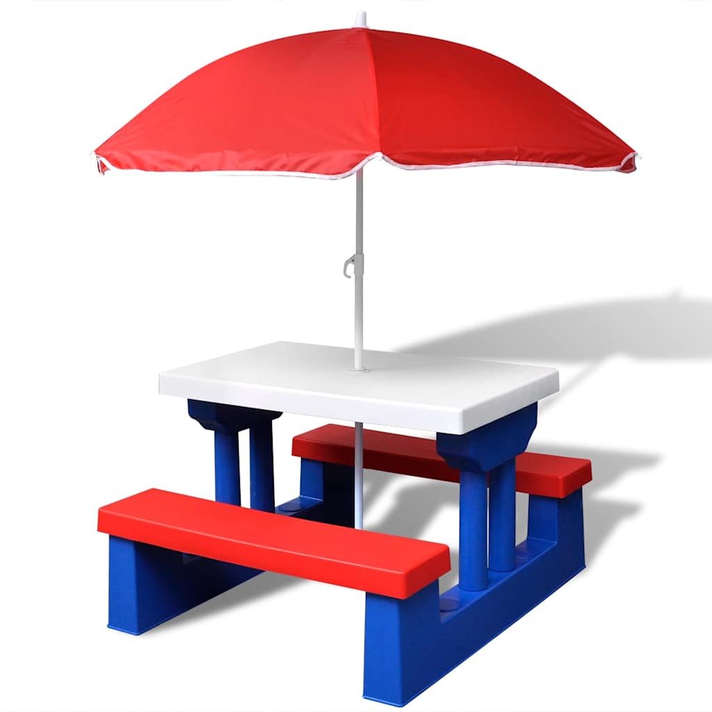 Outdoor Table Kids Picnic & Bench Set Parasol Garden Play Multicolour PP + steel
