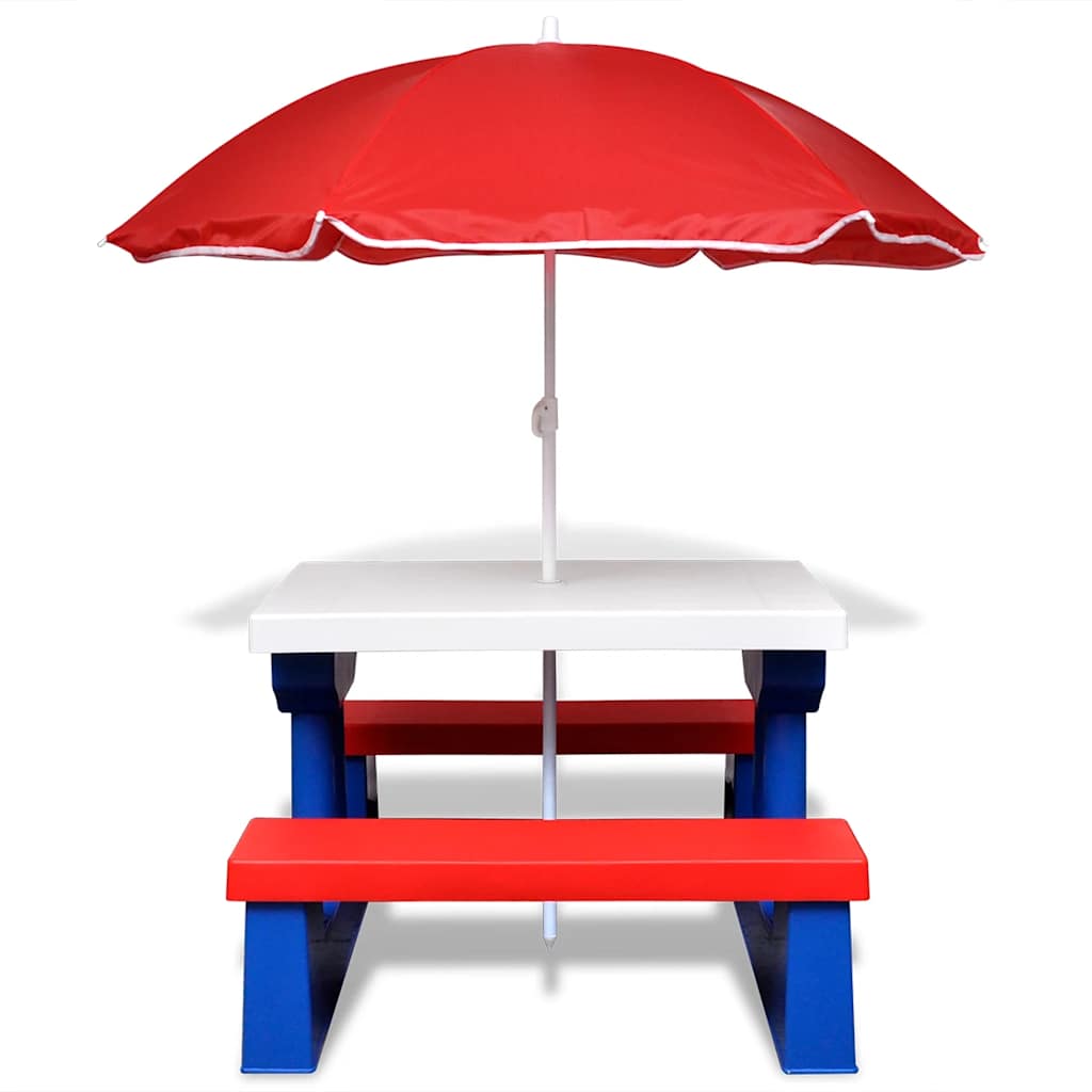 Outdoor Table Kids Picnic & Bench Set Parasol Garden Play Multicolour PP + steel