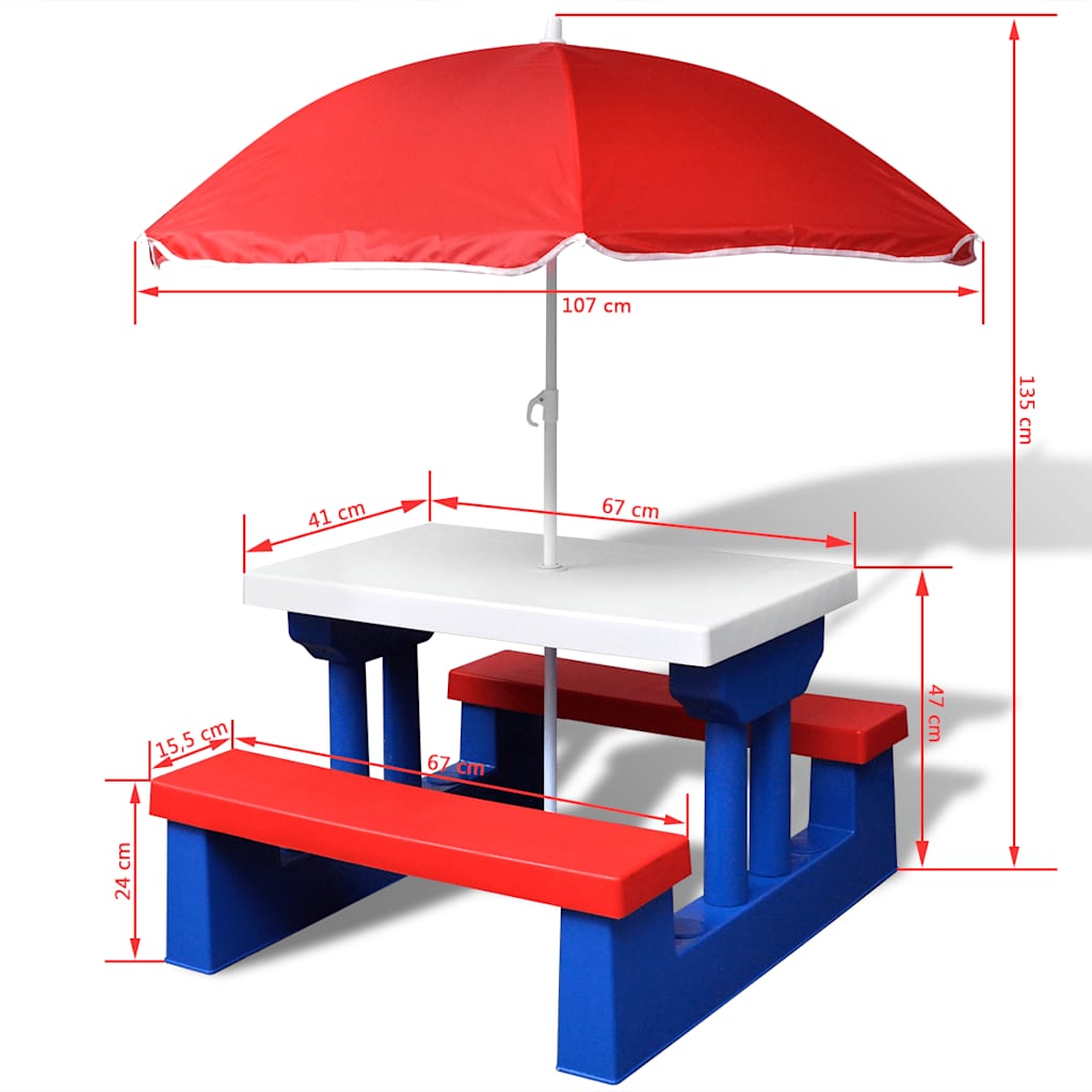 Outdoor Table Kids Picnic & Bench Set Parasol Garden Play Multicolour PP + steel