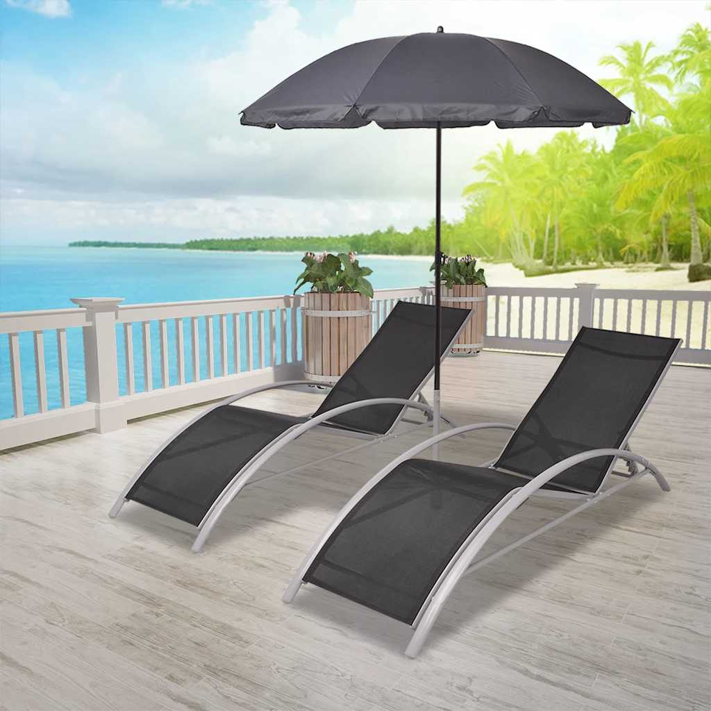Sunloungers Sun Loungers Umbrella Aluminium Black Garden Patio Recliner Beds 156
