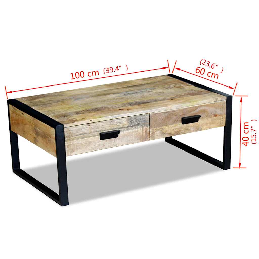 Coffee Table Solid Mango Wood 2 Drawers Living Room Storage 100cm 100 cm