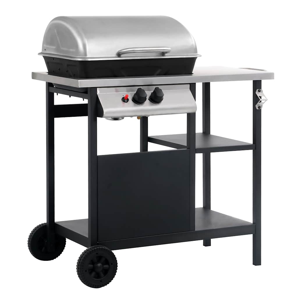 Outdoor Grills 2 Burner Gas BBQ Grill Barbecue Side Shelf & Wheels black silver
