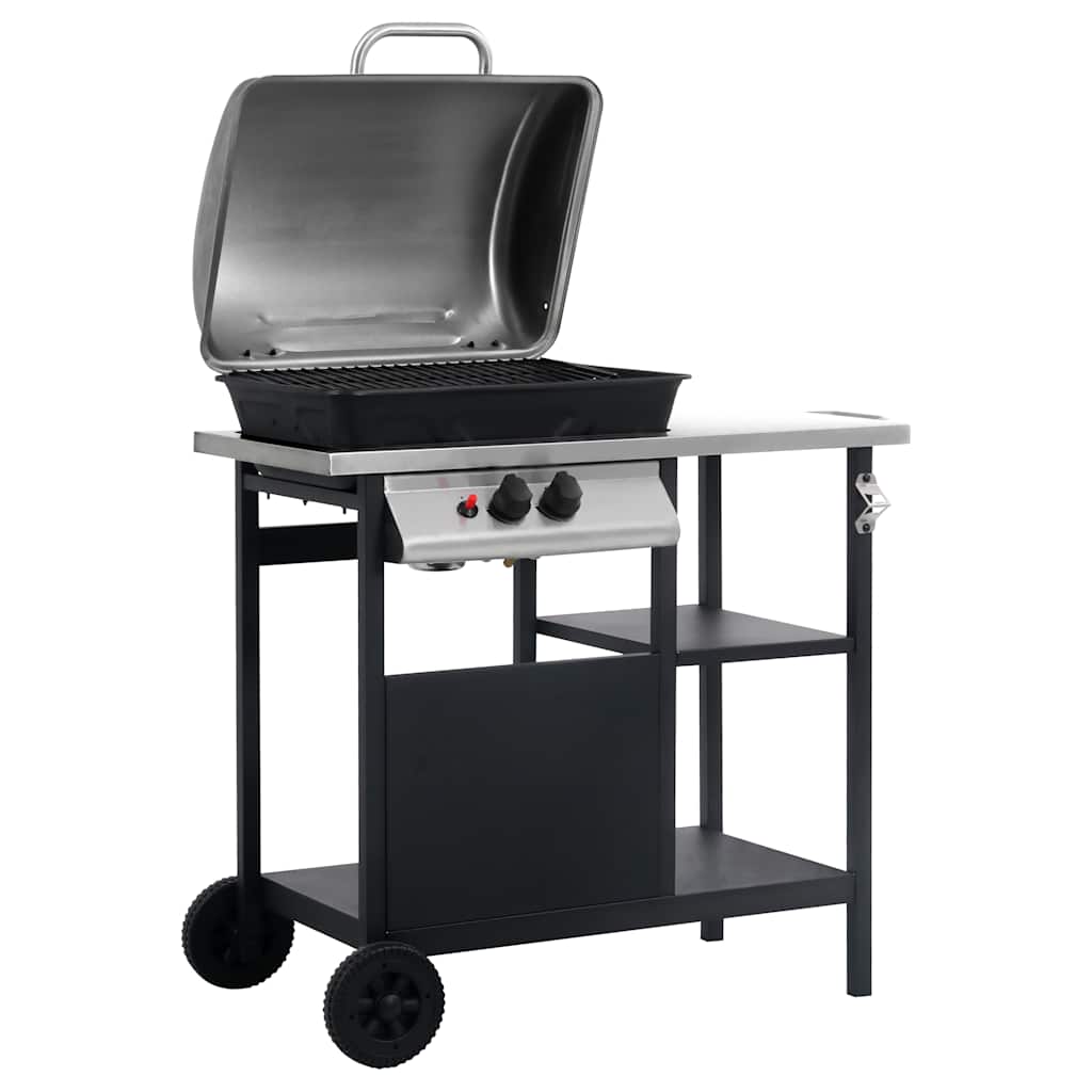 Outdoor Grills 2 Burner Gas BBQ Grill Barbecue Side Shelf & Wheels black silver
