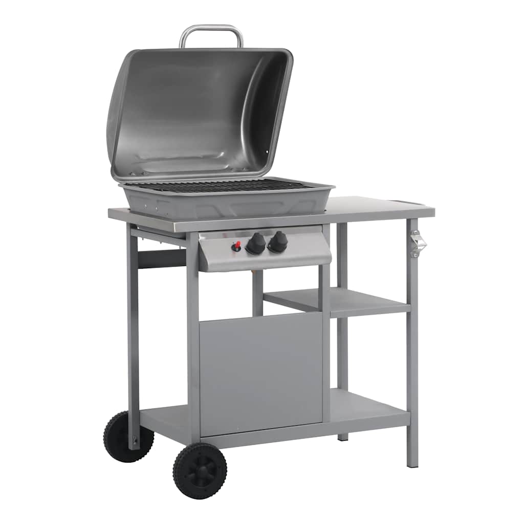 Outdoor Grills 2 Burner Gas BBQ Grill Barbecue Side Shelf & Wheels black silver