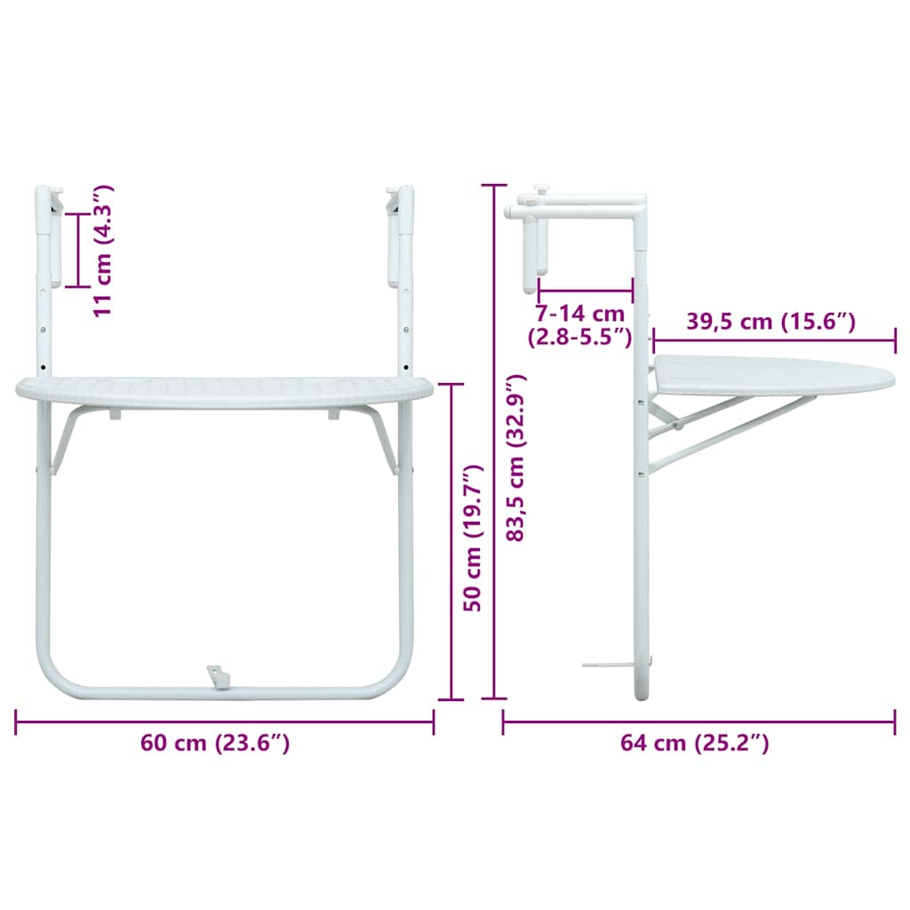 Outdoor Table Hanging Balcony 60X64X83.5 Cm Plastic Rattan Brown Black White 60