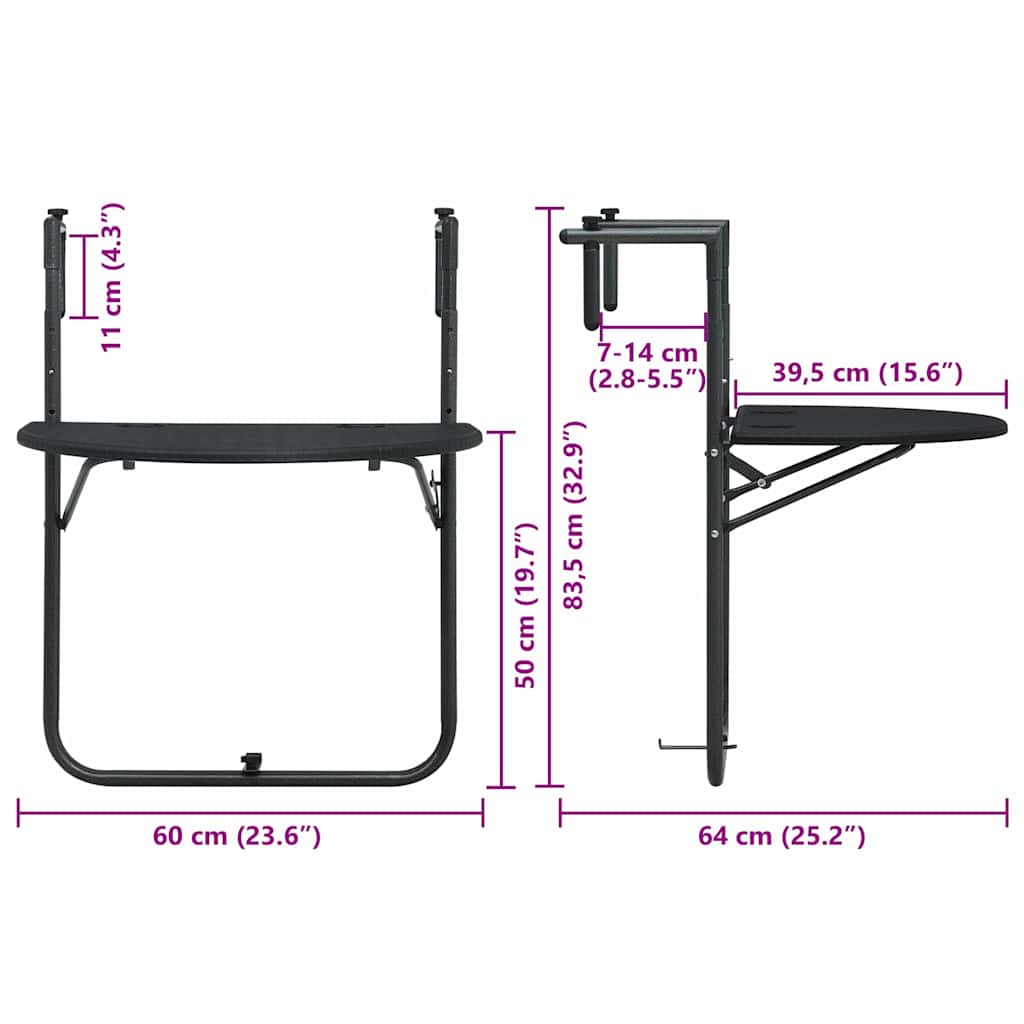 Outdoor Table Hanging Balcony 60X64X83.5 Cm Plastic Rattan Brown Black White 60