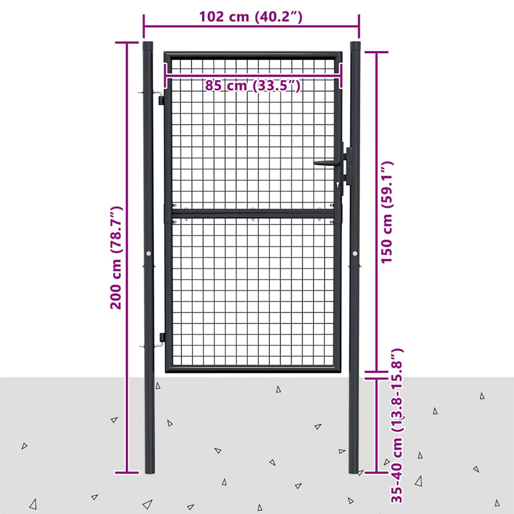 Garden Gate Anthracite 100x200cm Galvanised Steel Fence Lockable 100 x 125 cm
