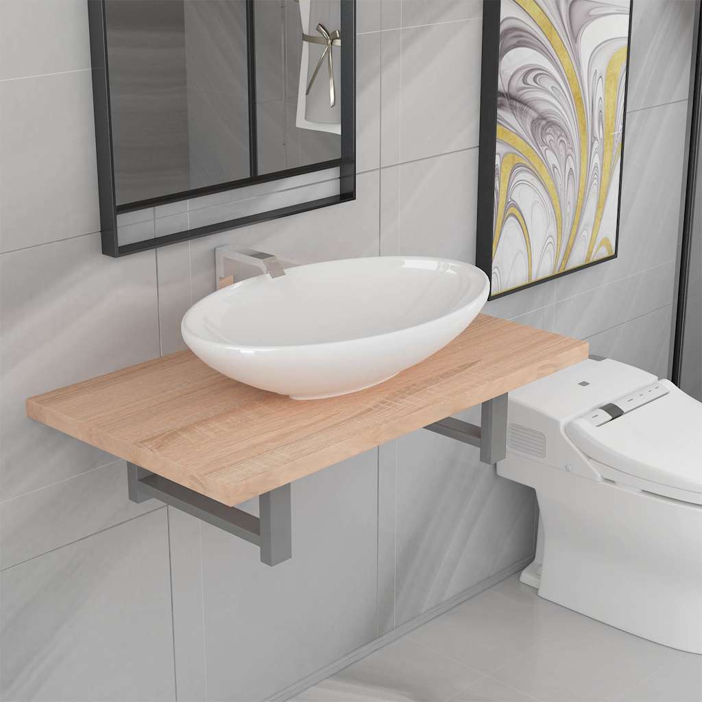 Bathroom Furniture Set 2 Piece Ceramic Basin Oak Vanity Storage Cabinet Grey LED