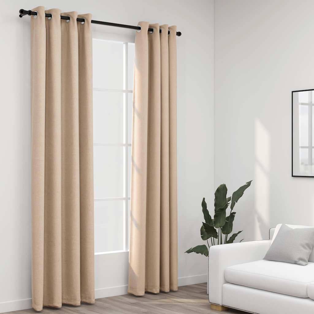 Linen-Look Blackout Curtains With Grommets 2Pcs 140X225Cm