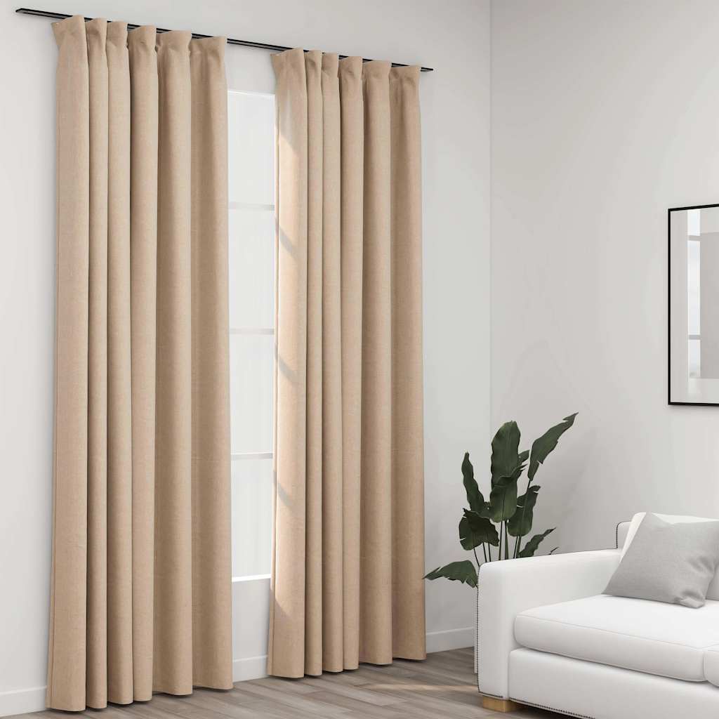 Linen-Look Blackout Curtains With Hooks 2 Pcs