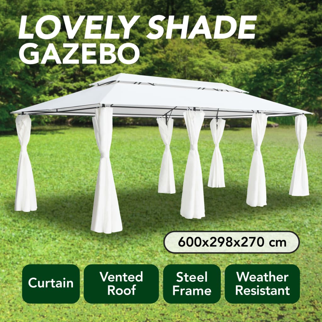 Gazebo With Curtains 600X298X270 Cm White 180G/M²