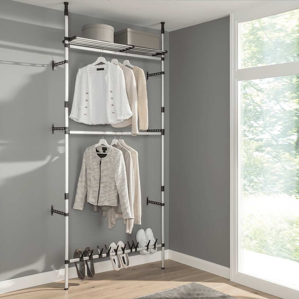 Telescopic Wardrobe System With Rods And Shelf Aluminium