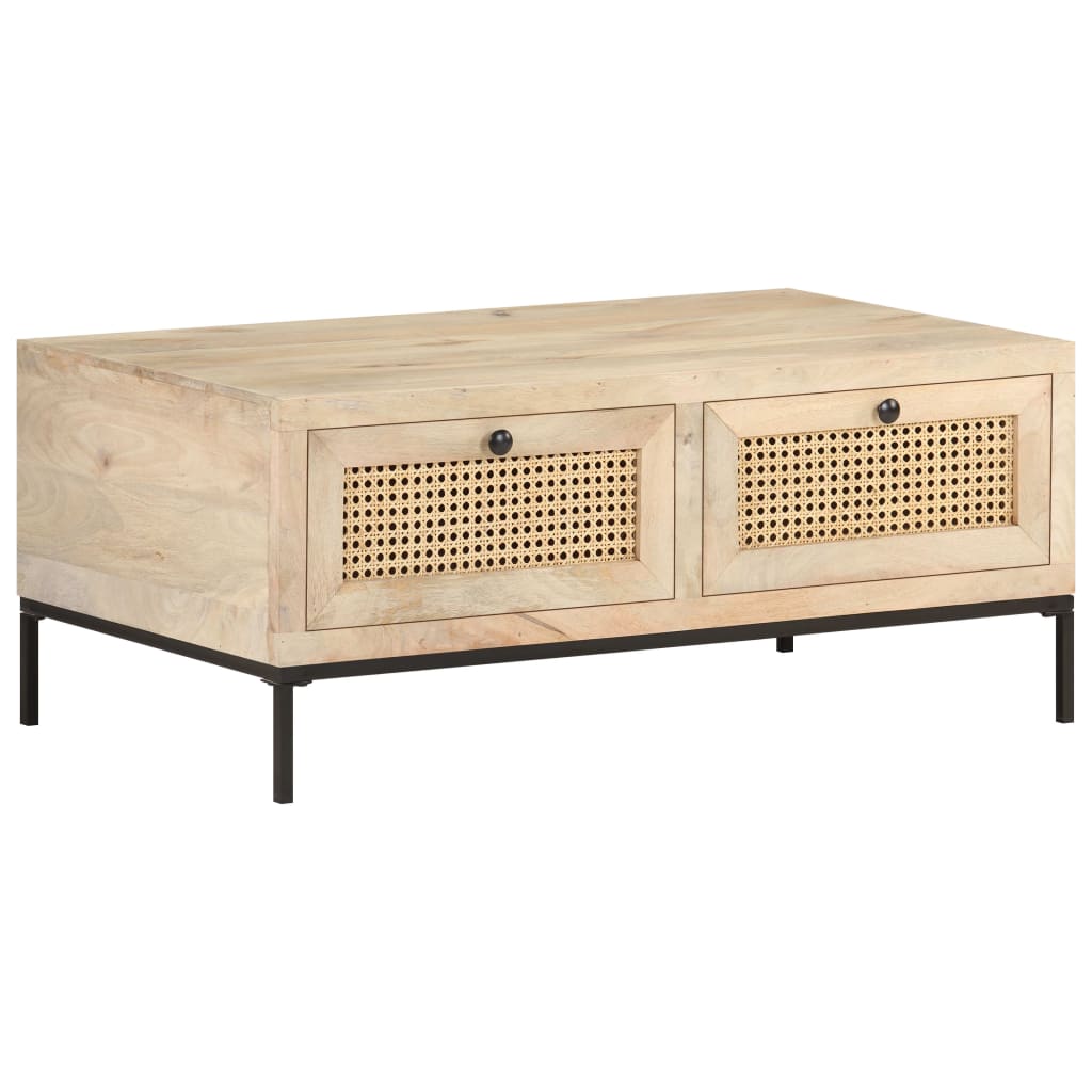 Coffee Table 90X50X37 Cm Solid Mango Wood And Natural Cane