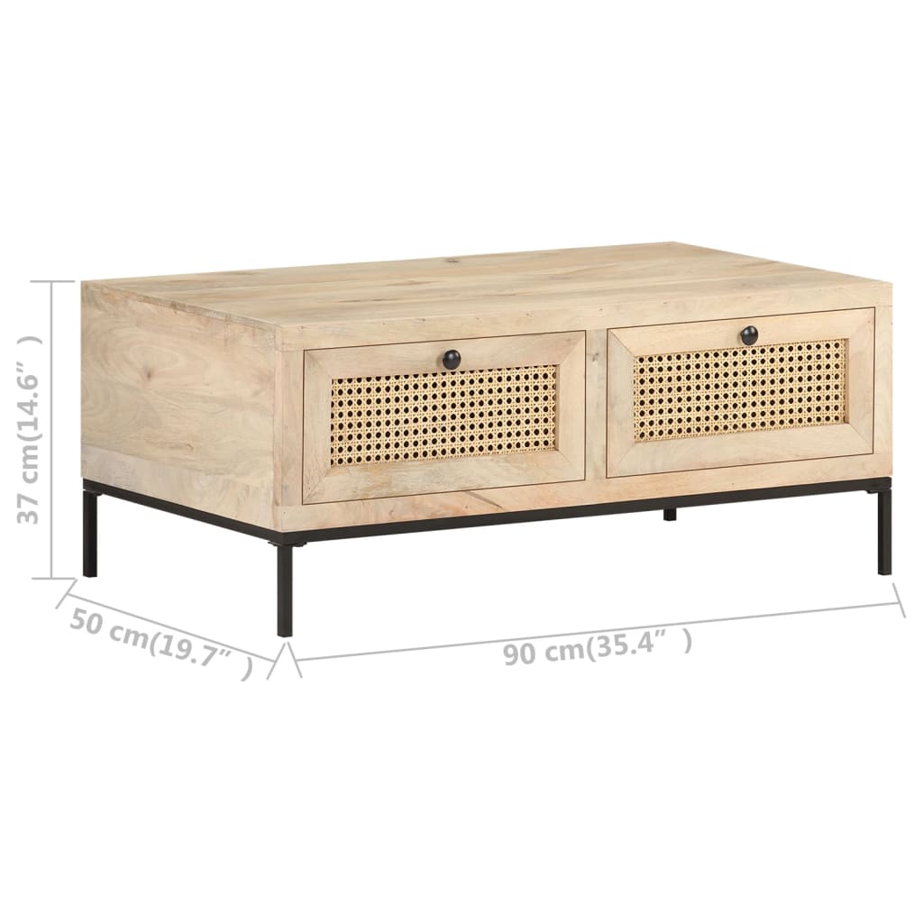 Coffee Table 90X50X37 Cm Solid Mango Wood And Natural Cane