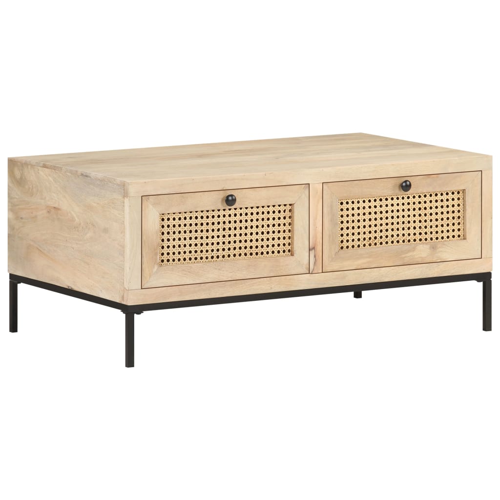 Coffee Table 90X50X37 Cm Solid Mango Wood And Natural Cane