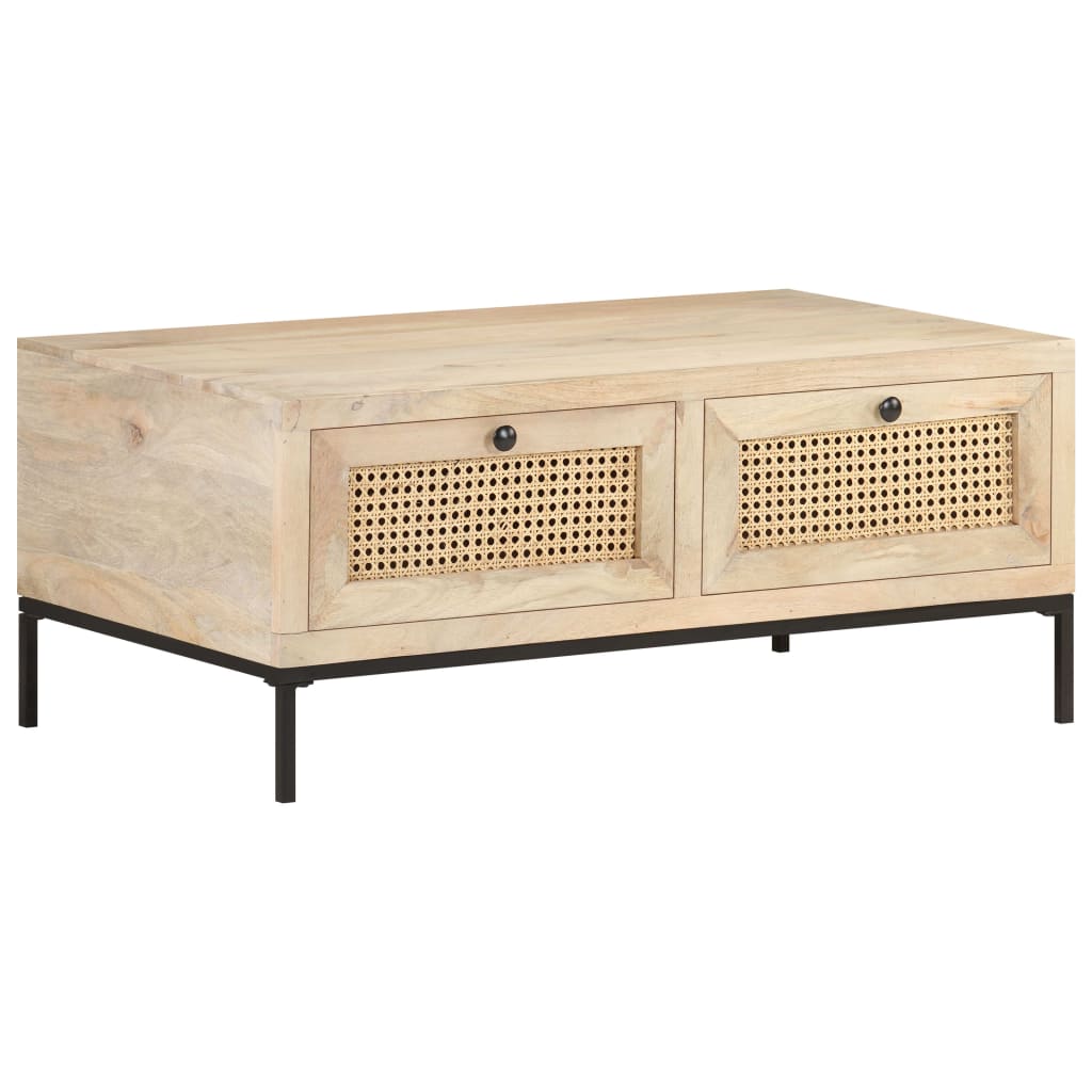 Coffee Table 90X50X37 Cm Solid Mango Wood And Natural Cane