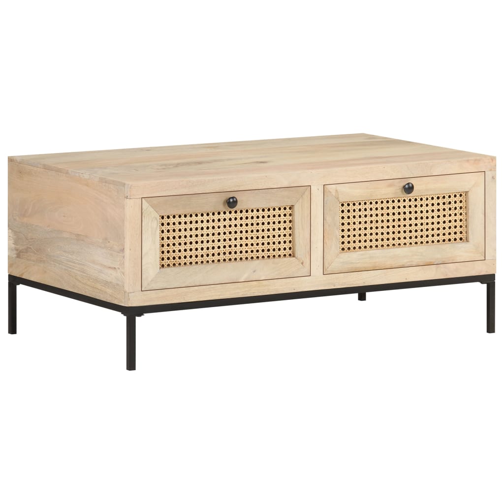 Coffee Table 90X50X37 Cm Solid Mango Wood And Natural Cane