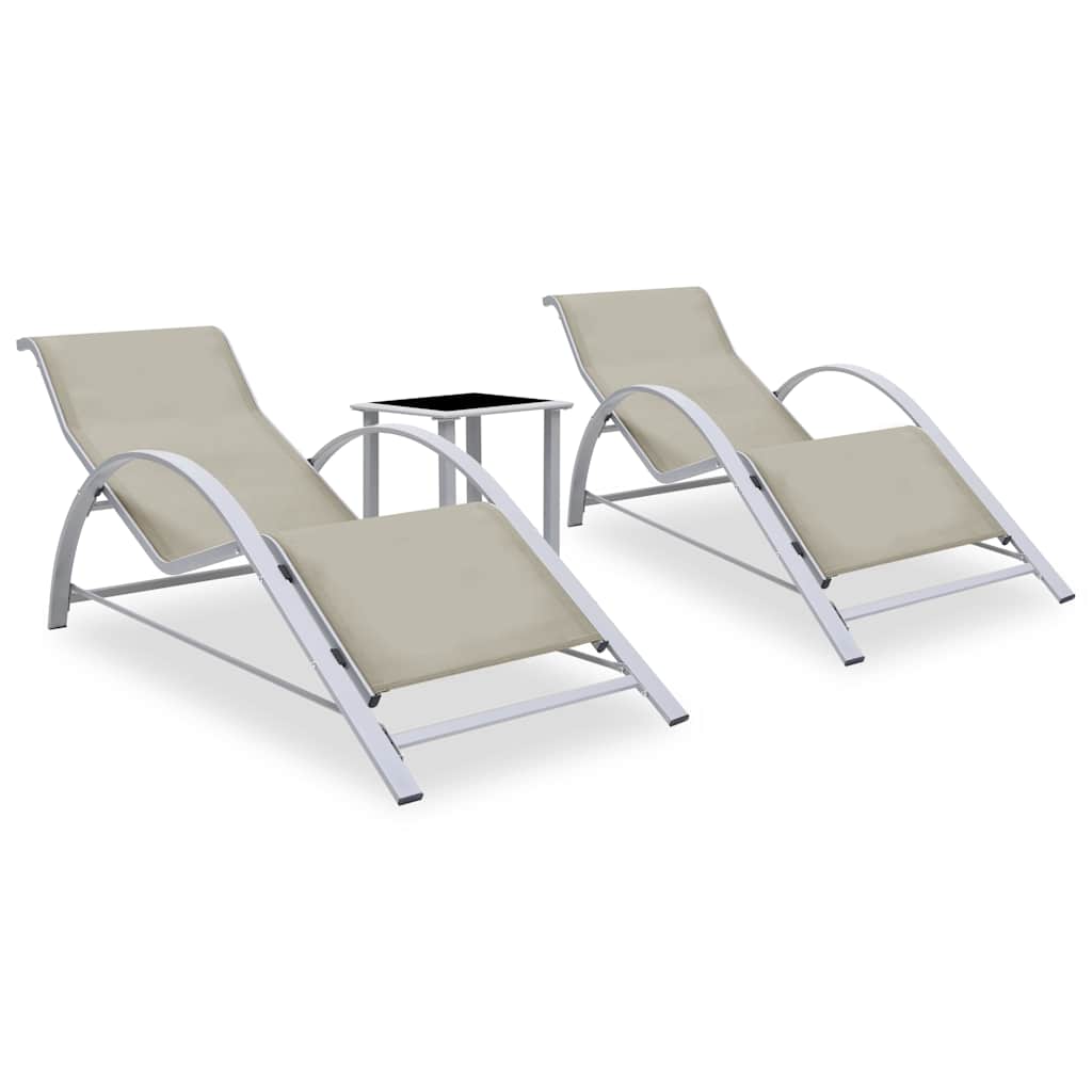 Sunloungers 2 Sun Loungers Table Aluminium Cream Garden Patio Recliner Set 41 cm