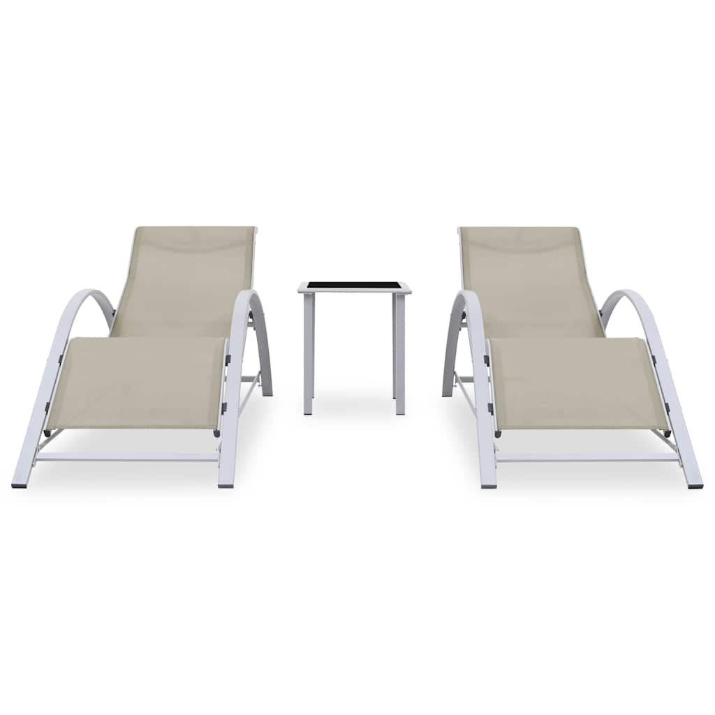 Sunloungers 2 Sun Loungers Table Aluminium Cream Garden Patio Recliner Set 41 cm