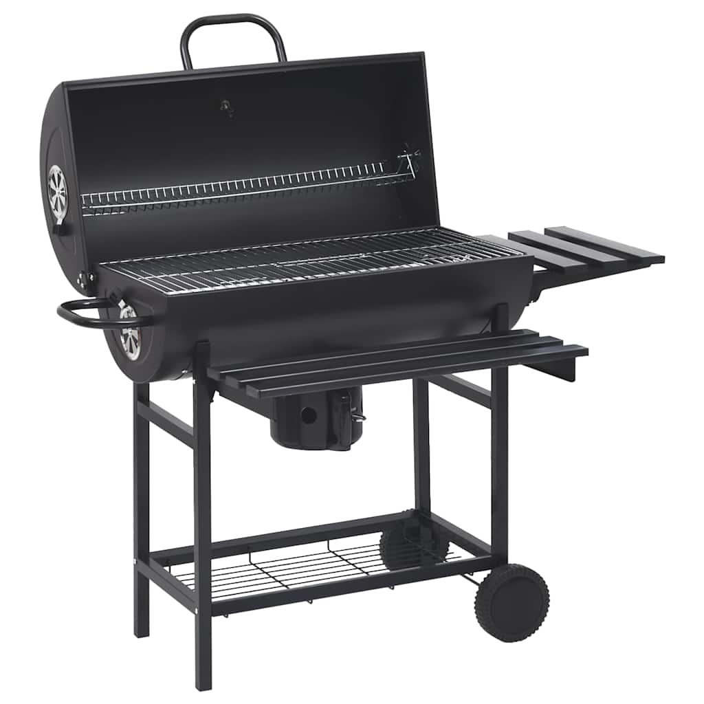 Outdoor Grills Charcoal BBQ Grill Smoker Barrel Barbecue Side Shelf Black Steel