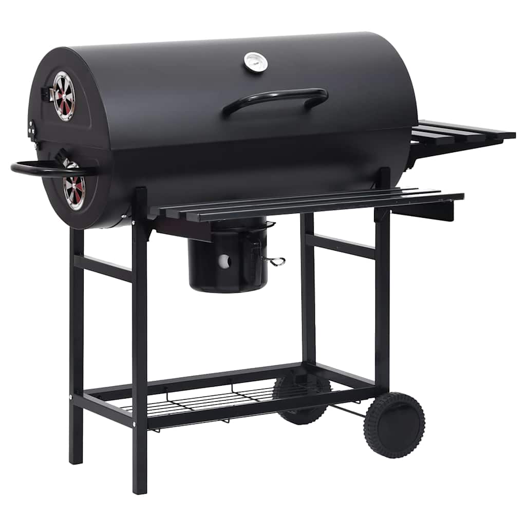 Outdoor Grills Charcoal BBQ Grill Smoker Barrel Barbecue Side Shelf Black Steel