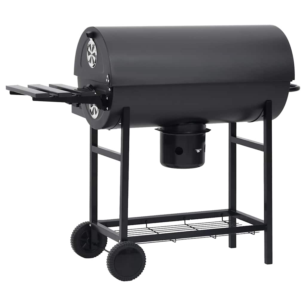 Outdoor Grills Charcoal BBQ Grill Smoker Barrel Barbecue Side Shelf Black Steel