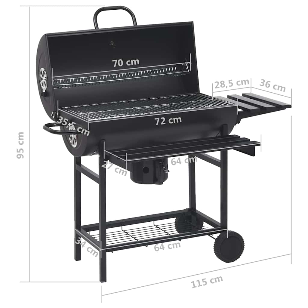 Outdoor Grills Charcoal BBQ Grill Smoker Barrel Barbecue Side Shelf Black Steel